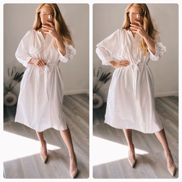 Mango Poplin Cotton White Belted Dress New - Picture 1 of 4